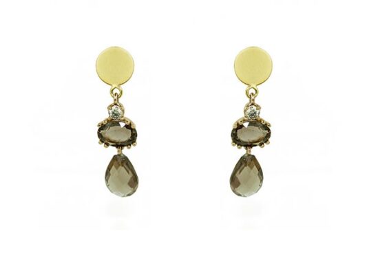 Yellow gold and silver earrings, with brown diamonds, smoky quartz and smoky quartz knobs