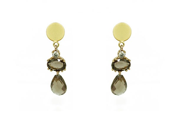 Yellow gold and silver earrings, with brown diamonds, smoky quartz and smoky quartz knobs Yellow gold and silver earrings, with brown diamonds, smoky quartz and smoky quartz knobs