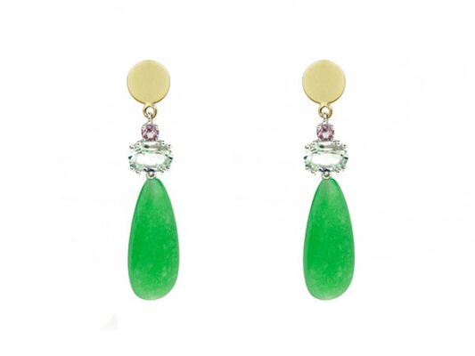 Yellow gold and silver earrings with Rhodolites, green Amethyst and green Jade Knobs.
