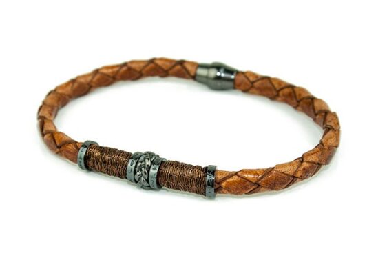 Brown/camel braided leather bracelet with silver.