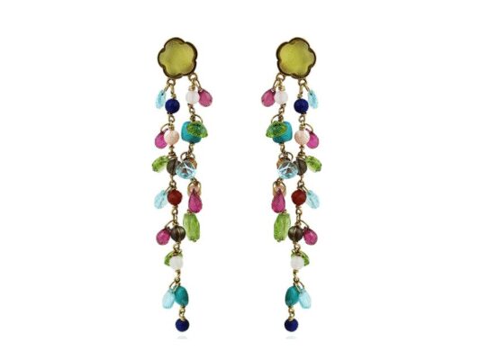 Long gold earrings with colored stones.