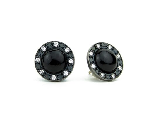 Silver, onyx and white diamond earrings.