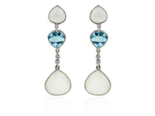 White gold earrings with blue topaz, moonstone and diamonds.