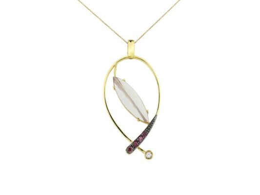 Colgante de oro rosa con cuarzo rosa, rodonita y brillante.