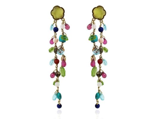 Pendientes largos de oro cascada piedras color.