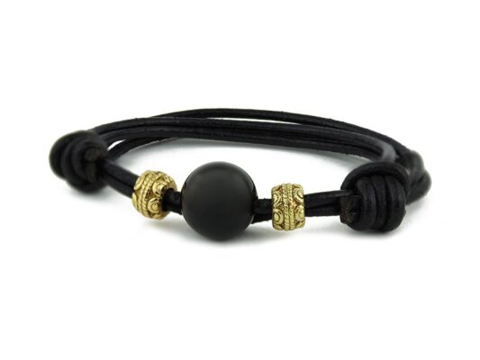 Leather, onyx and gold donut bracelet.