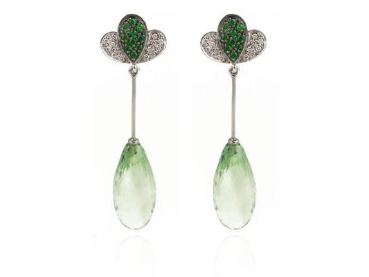 Gold earrings with green amethyst, diamonds and tsavorites.