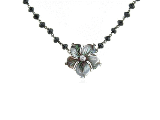 Spinel and white gold necklace, grey mother-of-pearl flower and brilliant.
