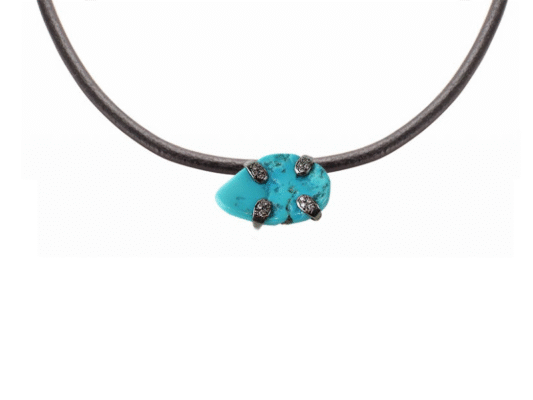 Collar de cuero, plata y turquesa natural  con brillantes negros