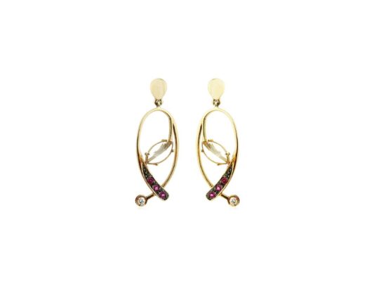 Arracades d'or rosa amb quars rosa, rodonites i brillants.