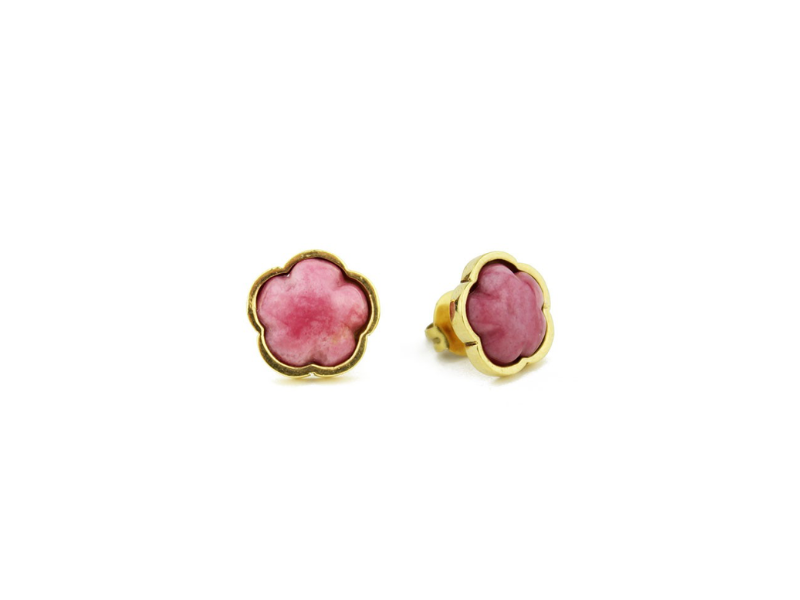Gold earrings with rhodochrosite stone. Gold earrings with rhodochrosite stone.