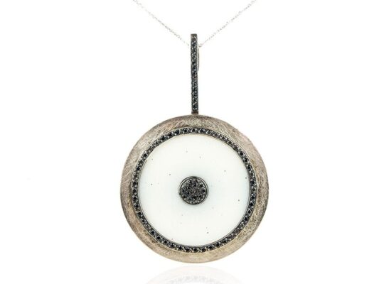 Silver, white gold, black diamond and white Drossy onyx pendant