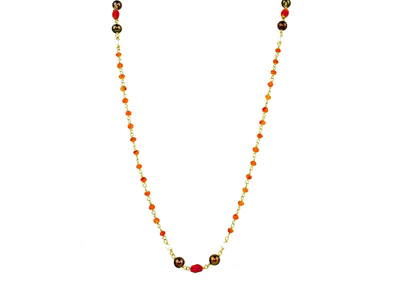 Gold-plated silver necklace with carnelian and pearls. Gold-plated silver necklace with carnelian and pearls.
