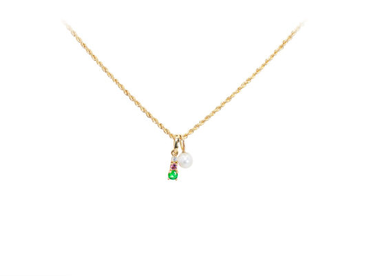 Yellow gold chain and pendants with natural stones and pearl.