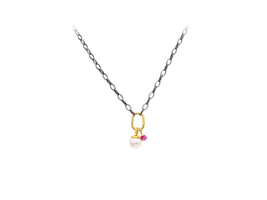 Oxidized silver chain with yellow gold clasp with pearl and ruby pendants.