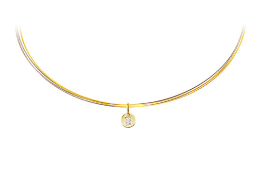 Two-tone steel threads with a yellow gold pendant with a marquise-cut diamond.