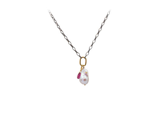 Oxidized silver chain with yellow gold clasp and briolet pearl and pink tourmaline pendant.